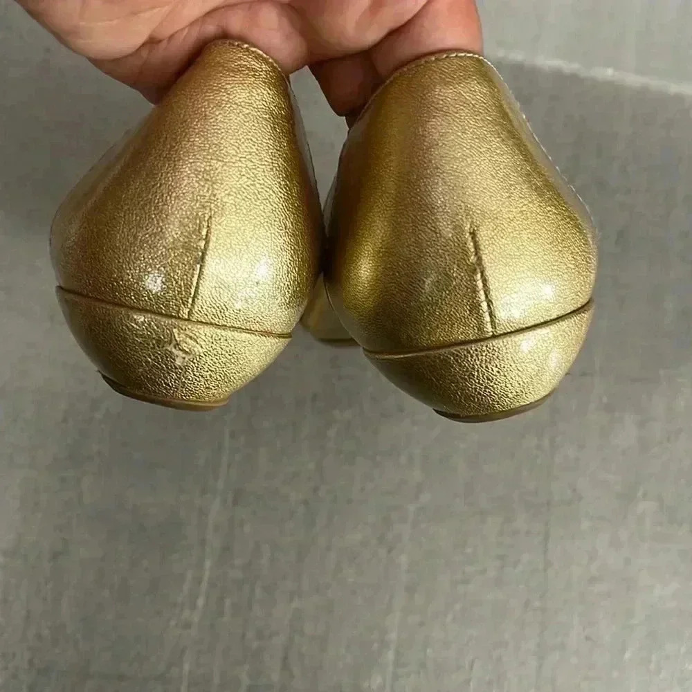 [9]Stuart  Weitzman Gold Buckle Patent Peep Toe Flat - Picture 4 of 9